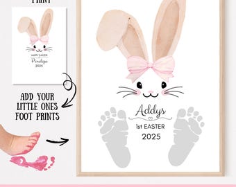 Easter Footprint Handprint Art / Kids Easter Craft / Footprint keepsake / Easter Bunny / Pink Bow / Easter Printable / DIY Card