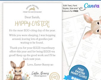 Carta editable del Conejo de Pascua, descarga instantánea, imprimible de Pascua para niños, letra personalizada, pistas adicionales para la búsqueda de Pascua, ¡Feliz Pascua!