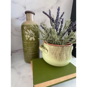 Könnte beinhalten: Eine grüne Keramik-Olivenölflasche mit weißem Text und Olivenzweig-Illustrationen. Daneben ein kleiner, hellgrüner Keramiktopf mit Lavendel und ein grünes Buch. Auf der Flasche steht "SAN-POLO-FIRENZE".