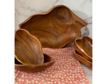 Vintage Monkey Pod Wood Bowls Set of 5 Hand Crafted Leaf Shape Philippines MCM