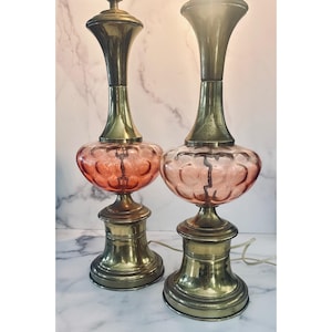 Pr Vintage Pink Glass Brass Lamps, Romantic French  Lighting, Bedside Mood Lamps