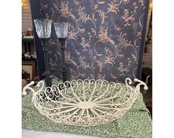 Vintage Cream Metal Scroll Wire Filigree Decorative Centerpiece Basket 18in