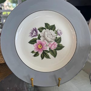 Empire Gray by Homer Laughlin, platinum rim, pink floral center, gray band dinner plates