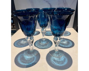 Vintage Cobalt/Sapphire Blue Glass Goblets Set of 8 Hand Blown Bubble Glass