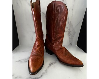 Vintage Cognac Brown Leather Western Cowboy Boots Pointed Toe Tall Stitched Star