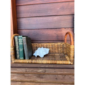 Vintage rieten opbergmand, rechthoekig model met handvatten, 20x11x8 cm