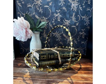 Vintage Gold Metal Wire Basket with Twisted Handle and Woven Wicker Base Decor