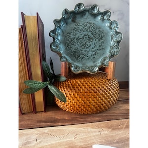 Studio Pottery Ruffled Edge Bowl Butterfly Lace Teal Blue Glaze Artisan Ceramic