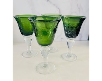 Vintage Green Glass Goblets Set of 4 Hand Blown Style Bubble Glass, 8.5"