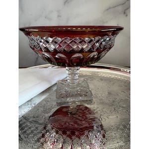 May include: A ruby red crystal compote bowl with a diamond-cut pattern. The bowl sits atop a clear, square-based stem and is displayed on a silver tray. The bowl's rim has a deep red hue, and the cut crystal reflects light.