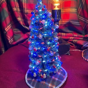 Dollhouse Miniature Patriotic Christmas tree ; Red , white and blue Christmas tree. Dollhouse Christmas tree, patriotic.