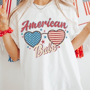 S-4X &quot;American Babe&quot;  Comfort Colors Oversized Tee // 4th of July Barbie Aviator Red White Blue Patriotic Merica Freedom Stars and Stripes