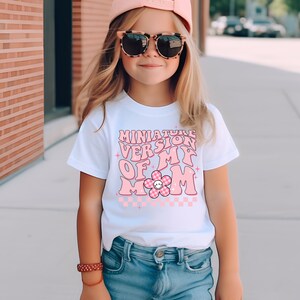 Miniature Version Of My Mom. Gildan Brand Kids Heavy Cotton™ Tee. Retro, Groovy, Checkered, Momma, Daughter, Floral, Pink