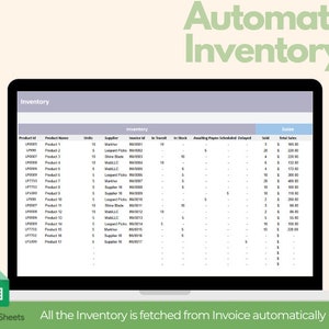 May include: A laptop screen displays an inventory spreadsheet titled "Inventory." The spreadsheet shows product details, including product ID, name, units, supplier, and sales data. The text "Automated Inventory" is at the top. The Google Sheets logo is at the bottom.
