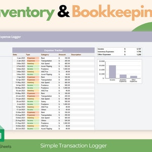 May include: A Google Sheets expense tracker template with the title "Inventory & Bookkeeping." The spreadsheet displays an expense logger with columns for date, type, category, amount, and description. A bar graph visualizes income and expenses.