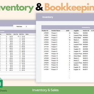 May include: Spreadsheet showing inventory and sales data, including product IDs, names, units, suppliers, and invoice details. The document is labeled "Inventory & Bookkeeping" and uses Google Sheets.