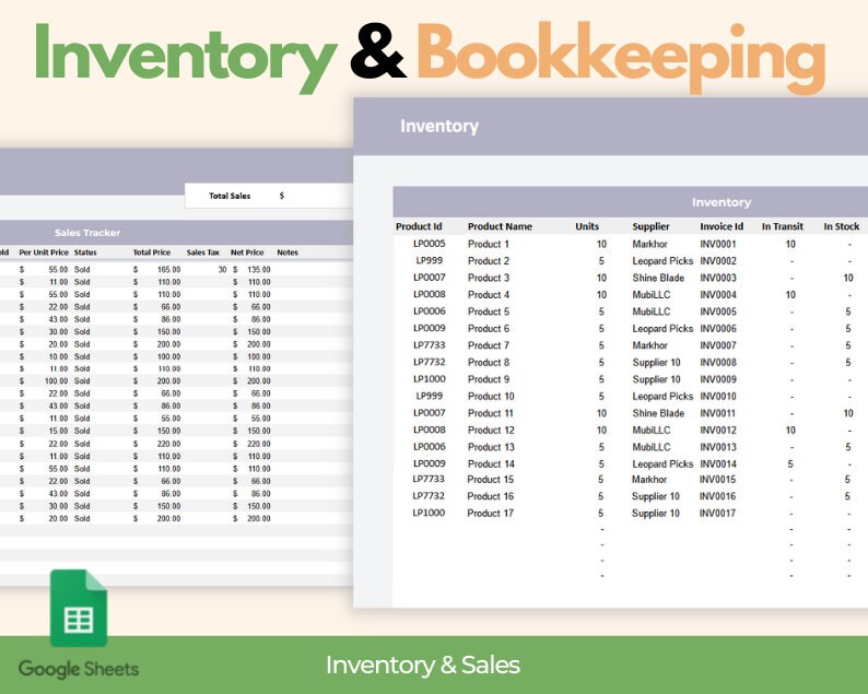 May include: Spreadsheet showing inventory and sales data, including product IDs, names, units, suppliers, and invoice details. The document is labeled "Inventory & Bookkeeping" and uses Google Sheets.