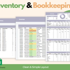 May include: Spreadsheet showing inventory, invoices, and cash flow data. The title "Inventory & Bookkeeping" is at the top. The Google Sheets logo is in the bottom left, with the text "Clean & Simple Layout".