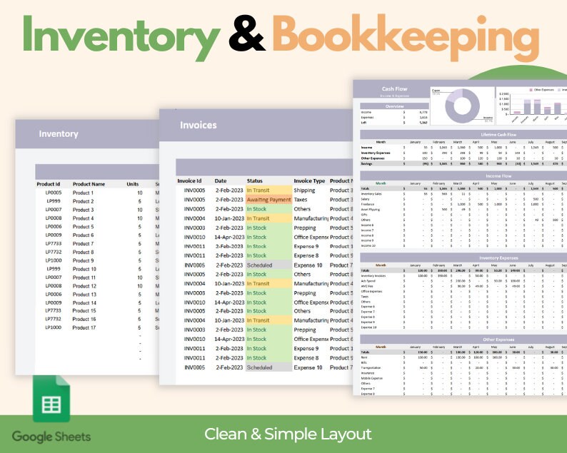 May include: Spreadsheet showing inventory, invoices, and cash flow data. The title "Inventory & Bookkeeping" is at the top. The Google Sheets logo is in the bottom left, with the text "Clean & Simple Layout".