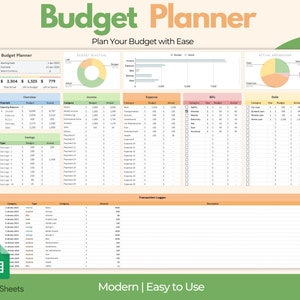 May include: A digital budget planner template with a green and orange color scheme. The title "Budget Planner" is at the top, with the text "Plan Your Budget with Ease" below it. The Google Sheets logo is in the bottom left corner, and the text "Modern | Easy to Use" is at the bottom.