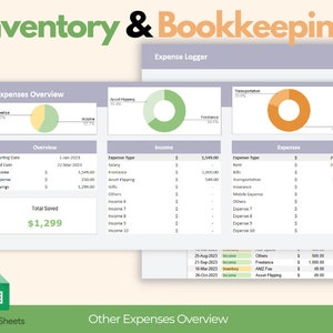 May include: A digital spreadsheet interface for inventory and bookkeeping, featuring charts and tables displaying financial data. The interface includes expense overviews, income breakdowns, and a total savings of $1,299. The Google Sheets logo is visible.