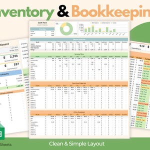 May include: A digital spreadsheet with the words "Inventory & Bookkeeping" at the top. The spreadsheet includes charts, graphs, and financial data. The text "Clean & Simple Layout" is also visible.