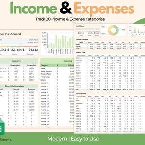 May include: A digital financial dashboard titled "Income & Expenses" with charts and tables. The spreadsheet displays income, expenses, and cash flow data, including monthly overviews and account details. The text "Modern | Easy to Use" is at the bottom.