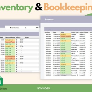 May include: A digital spreadsheet titled "Inventory & Bookkeeping" displays invoice data. The interface shows invoice totals, payment statuses, and product details, with a Google Sheets logo at the bottom.