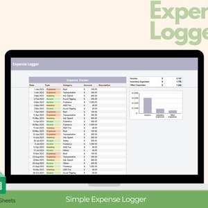 May include: A laptop screen displays a spreadsheet titled "Expense Logger" with data entries and a bar graph. The Google Sheets logo is visible in the lower left corner. Text at the top reads "Expense Logger" and at the bottom "Simple Expense Logger."