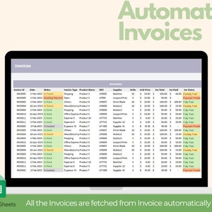 May include: A laptop screen displays a Google Sheets spreadsheet titled "Invoices." The spreadsheet shows invoice details, including status, type, product name, and amounts. Text at the top reads "Automated Invoices." Below, it says "All the Invoices are fetched from Invoice automatically."