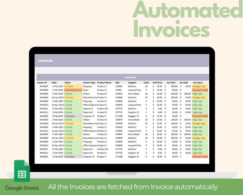 May include: A laptop screen displays a Google Sheets spreadsheet titled "Invoices." The spreadsheet shows invoice details, including status, type, product name, and amounts. Text at the top reads "Automated Invoices." Below, it says "All the Invoices are fetched from Invoice automatically."