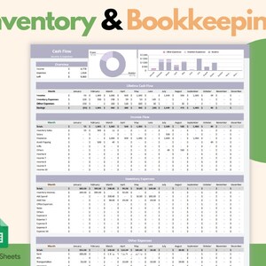 May include: A spreadsheet titled "Inventory & Bookkeeping" with a Google Sheets logo. The document displays financial data, including cash flow, income, and expenses, with charts and tables. The text "Inventory & Bookkeeping" is in green and black.