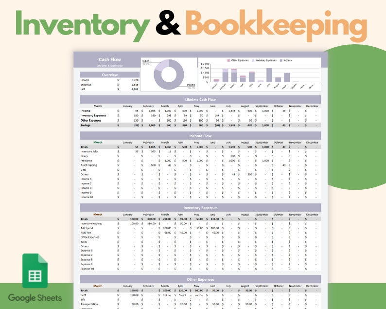 May include: A spreadsheet titled "Inventory & Bookkeeping" with a Google Sheets logo. The document displays financial data, including cash flow, income, and expenses, with charts and tables. The text "Inventory & Bookkeeping" is in green and black.