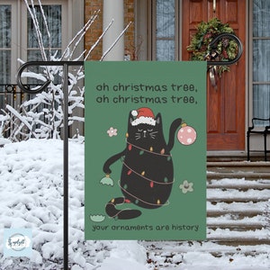 Funny Black Cat Christmas Garden Flag & House Flag Double Sided, Funny Christmas Decor Gift, Holiday Garden Decor, Christmas Garden Decor