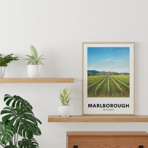 Puede incluir: Una impresi&oacute;n enmarcada de un paisaje de vi&ntilde;edo con un cielo azul y colinas verdes en el fondo. El texto "MARLBOROUGH Nueva Zelanda" est&aacute; impreso debajo de la imagen.