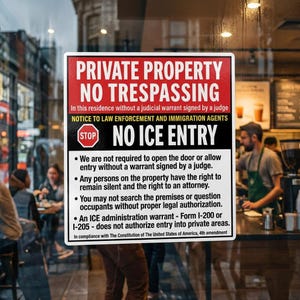 Può includere: Un cartello rettangolare con testo rosso e bianco che recita "PROPRIETÀ PRIVATA VIETATO L'ACCESSO" e "NO ICE ENTRY". Il cartello include anche testo su diritti e restrizioni legali ed è affisso su una porta a vetri.