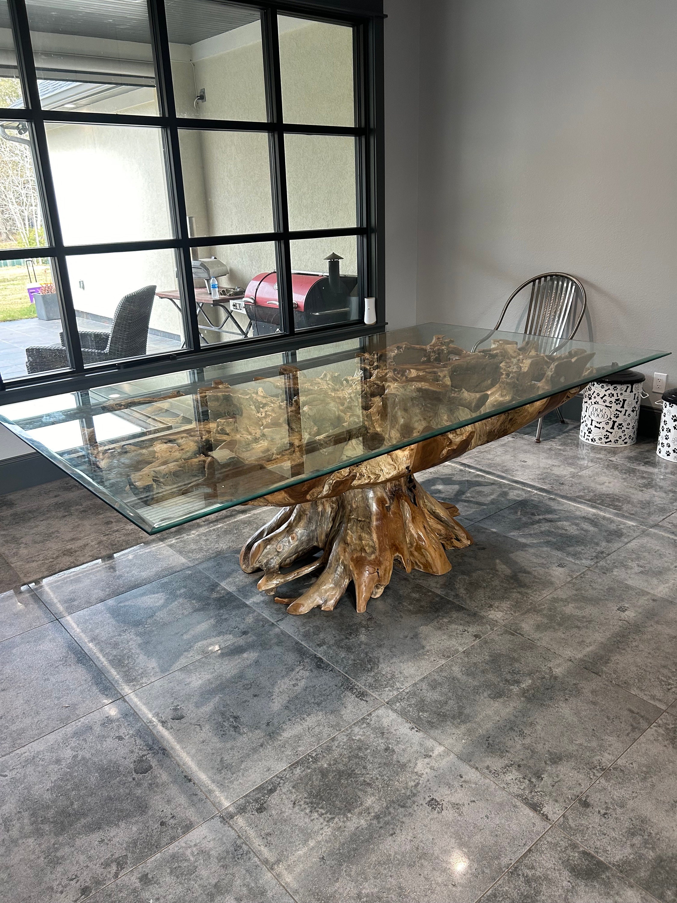 Stunning Teak Root Base Dining Table With Modern Tempered Glass Top Etsy UK