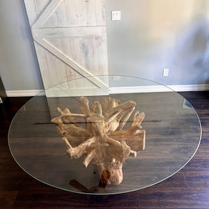 Teak Root Dining Table With Round Tempered Glass Top - Breakfast Nook ...