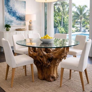 Teak Root Dining Table With Round Tempered Glass Top - Breakfast Nook ...