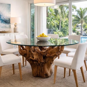Teak Root Dining Table With Round Tempered Glass Top - Breakfast Nook ...