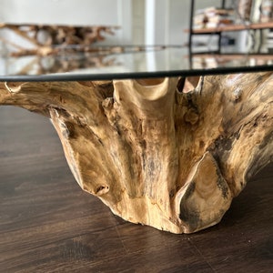 Teak root coffee table with glass top image 6