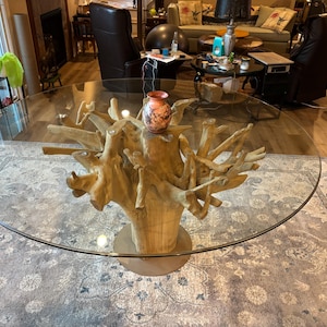 Teak Root Dining Table With Round Tempered Glass Top - Breakfast Nook ...
