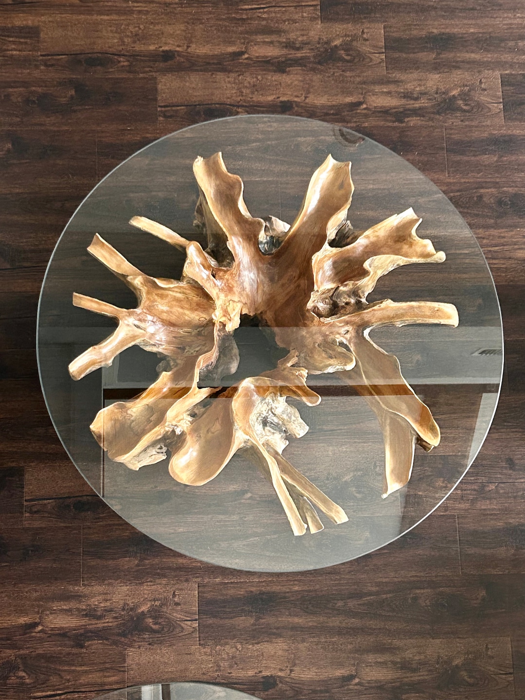Handcrafted Teak Root Coffee Table With Round Glass Top - Etsy