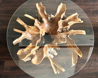 Teak root coffee table with glass top