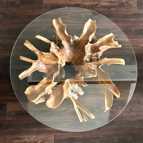 Teak root coffee table with glass top