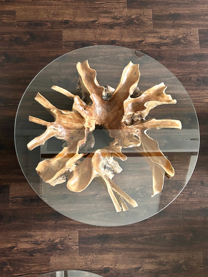 Teak root coffee table with glass top image 1