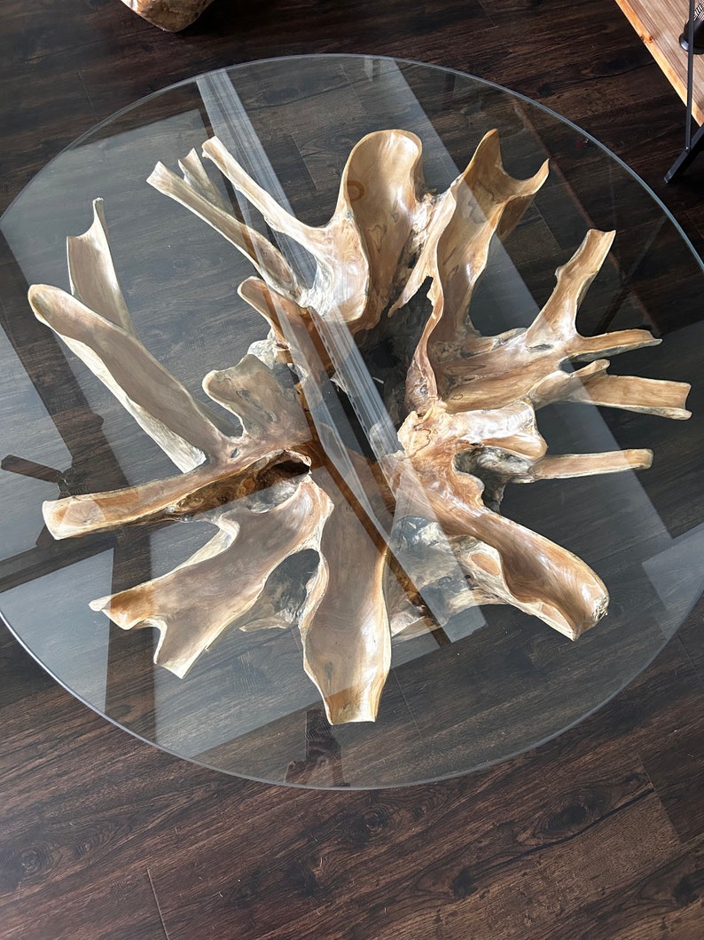 Teak root coffee table with glass top image 9
