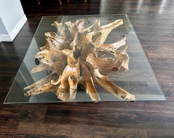 Teak root coffee table with rectangular glass top