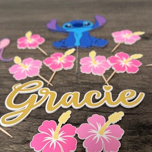 May include: Cake toppers featuring a blue cartoon character and pink hibiscus flowers. The name "Gracie" is written in gold script. The toppers are on wooden sticks, perfect for a themed party.