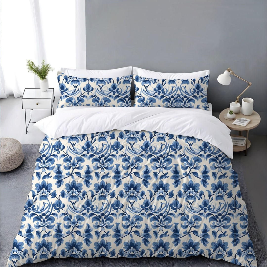 Blue & White Damask Print Duvet Cover Timeless Couture Design Vintage